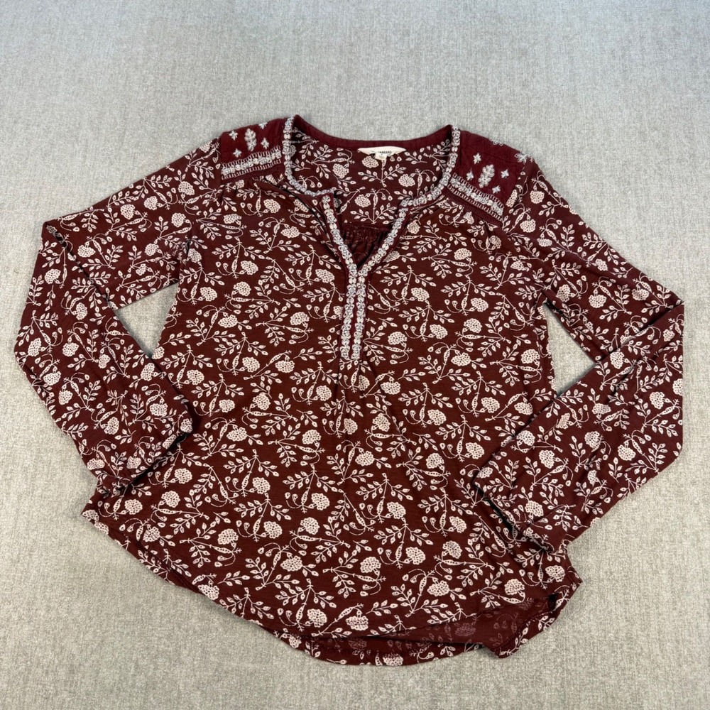 Lucky Brand Blouse Womens Small Burgundy Floral Embroidered Long Sleeve Top